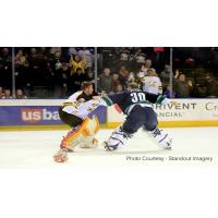 Goaltenders Kris Lazaruk of the Colorado Eagles and Anthony Peters of the Florida Everblades Battle