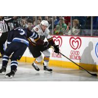 Jordan Caron of the Chicago Wolves Battles Past the Manitoba Moose