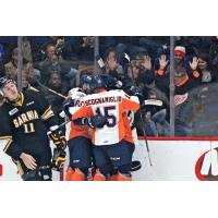 Flint Firebirds Celebrate a Goal against the Sarnia Sting