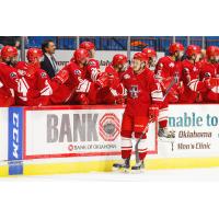 David Makowski of the Allen Americans High Fives the Bench after a Goal