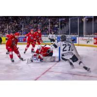 Allen Americans goaltender Dylan Myskiw smothers a puck against the Wichita Thunder