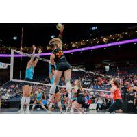 Columbus Fury opposite hitter Morgan Lewis goes high